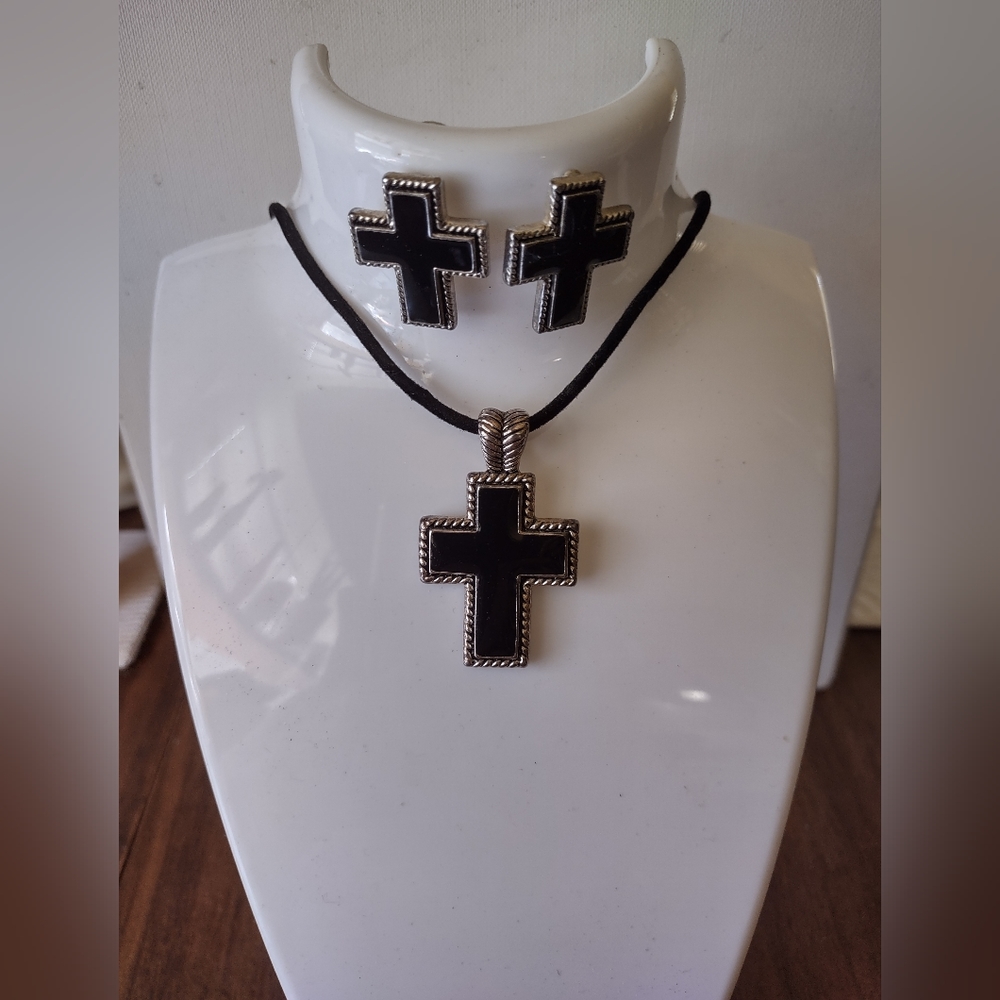 Silvertone/ Black Cross & Earrings Set